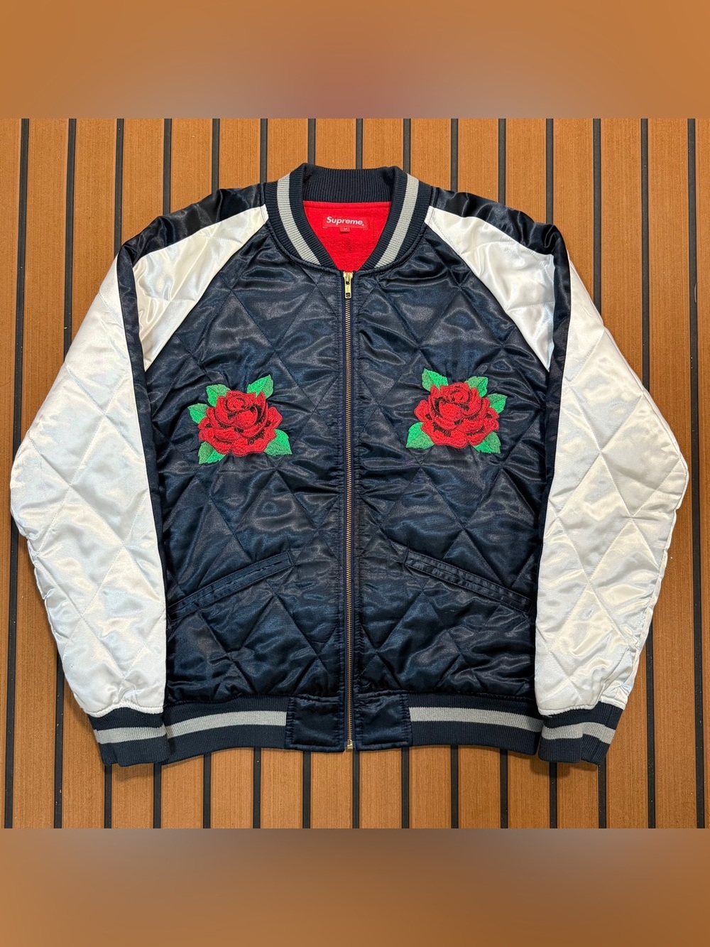 Supreme Quilted Satin Rose Full Zip Bomber Jacket Mens Medium White Blue 2013